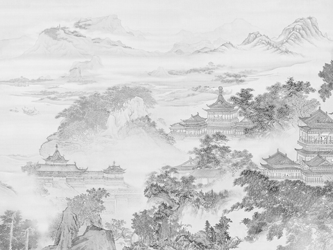  新中式山水阁楼壁画 