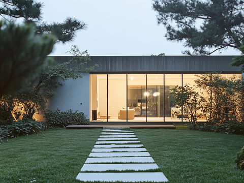  现代黄昏别墅庭院外景 