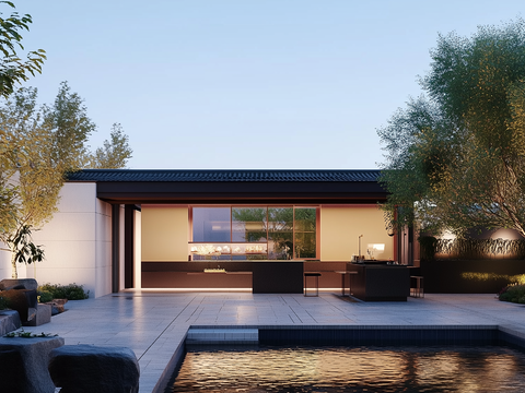  新中式别墅庭院外景 