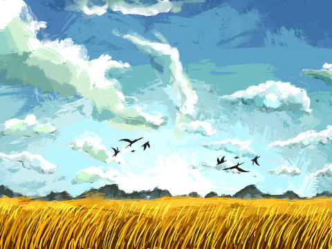  手绘蓝天白云装饰画 