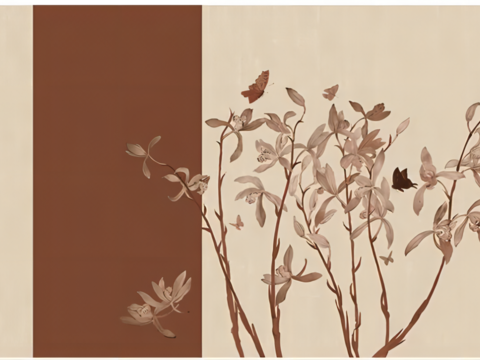  美良新中式花鸟写意壁画贴图 