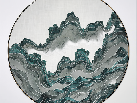  新中式圆形抽象挂画装饰画贴图 