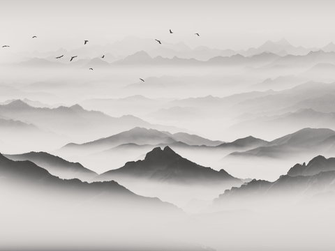  新中式意境水墨山水画贴图 