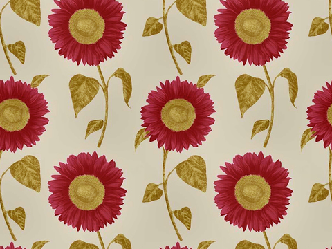  无缝红色欧式田园风格碎花向日葵花纹图案壁纸壁布墙布 