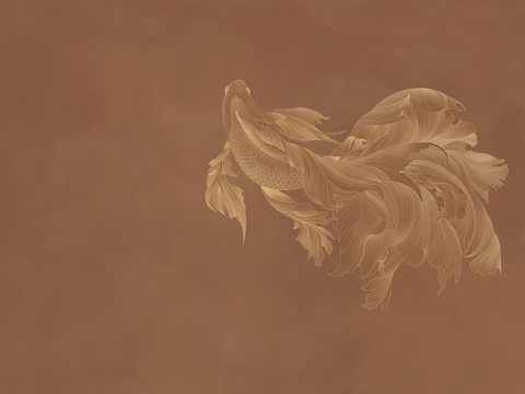  橙色中式金鱼壁画贴图 