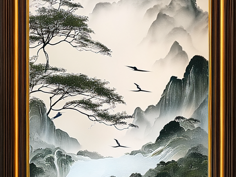  山水画贴图 山水画壁纸 飞鸟竹林壁画 