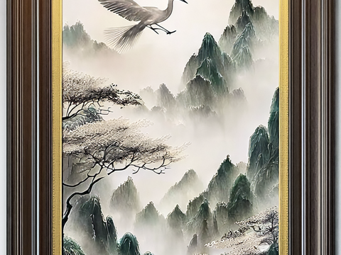  山水画贴图 山水画壁纸 飞鸟竹林壁画 