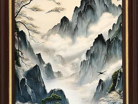  山水画贴图 山水画壁纸 飞鸟竹林壁画 