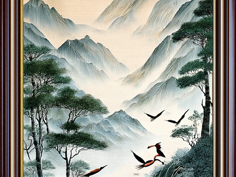  山水画贴图 山水画壁纸 飞鸟竹林壁画 