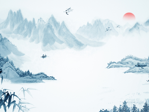  蓝色水墨意境山水壁画 