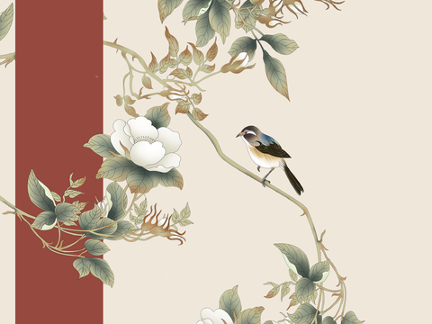  中式花鸟壁画 