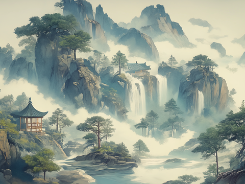  新中式壁画软包装饰画贴图 