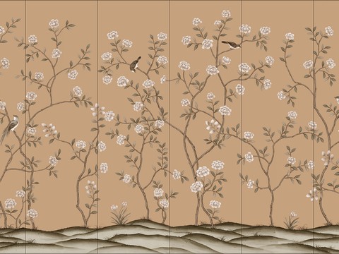  中式花鸟壁画 