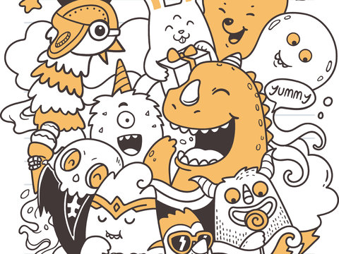  可爱搞怪动物漫画线稿装饰画贴图 