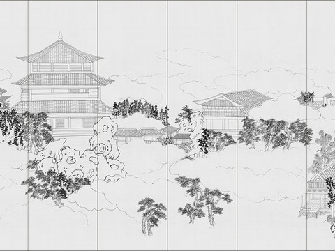  新中式古建筑壁画贴图   中式装饰画 
