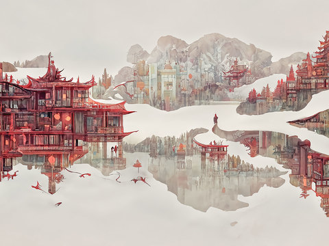  新中式阁楼山水壁画贴图  中式装饰画 