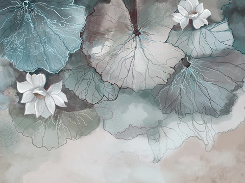  水墨荷花壁画贴图   中式装饰画 