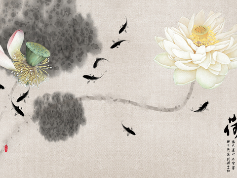  中式水墨荷花壁画 
