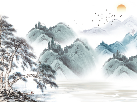  中式水墨山水壁画 