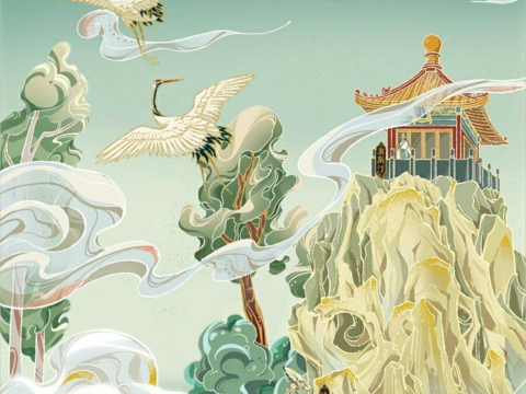  国潮山水建筑壁纸 