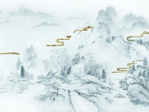  新中式山水壁纸  中式装饰画圆画 挂画 