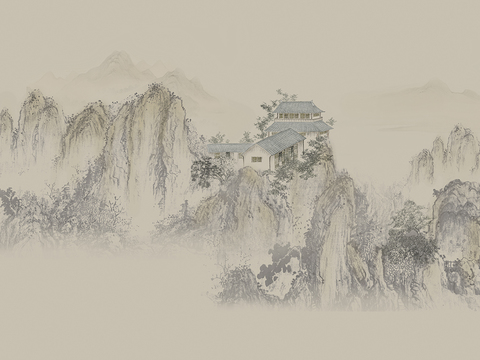  新中式山水壁纸  中式装饰画圆画 挂画 