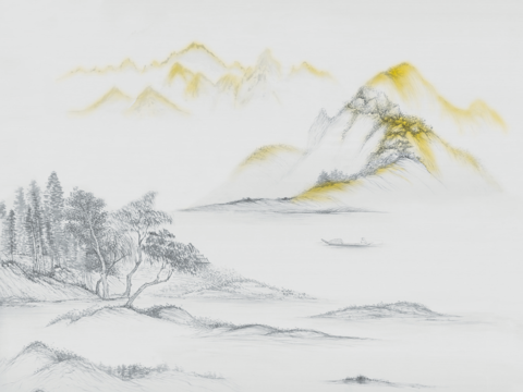  新中式山水壁纸  中式装饰画圆画 挂画 