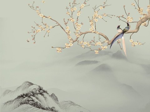  新中式山水壁纸  中式装饰画圆画 挂画 