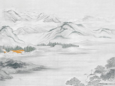  新中式山水壁纸  中式装饰画圆画 挂画 