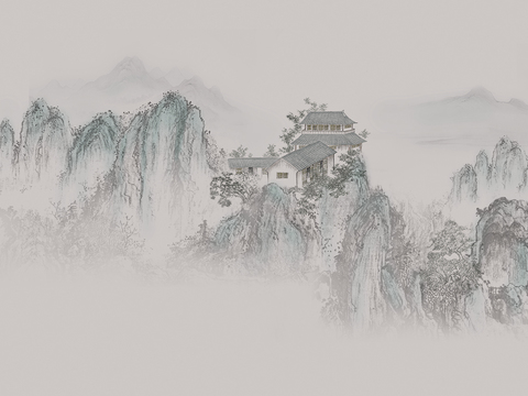  新中式山水壁纸  中式装饰画圆画 挂画 