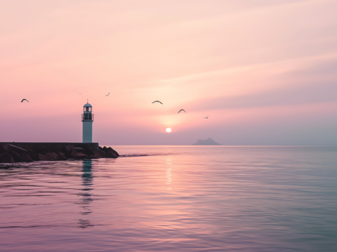  海岸灯塔日落大海风景外景天空 