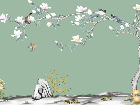  中式花鸟壁画 