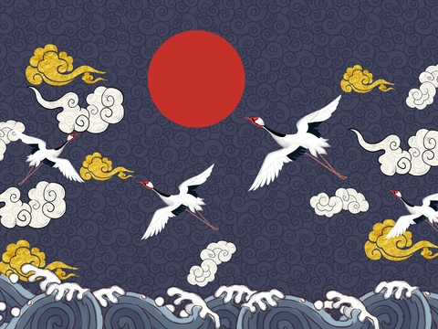  新中式仙鹤祥云吉祥如意背景墙 