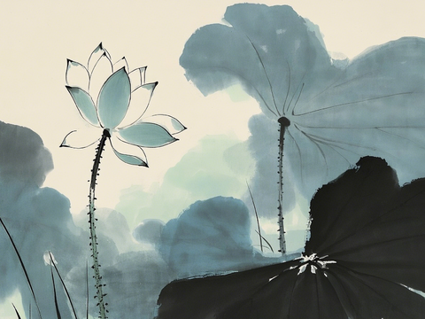  新中式荷花壁画 