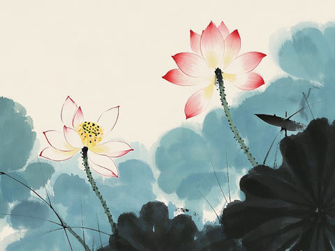  新中式荷花壁画 