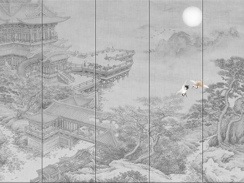  中式建筑亭台仙鹤壁纸 