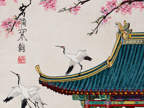  新中式中式挂画 水墨画 国画 建筑 中国风 