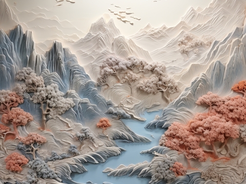  现代壁纸 现代壁画 中式壁画 风景刻画 