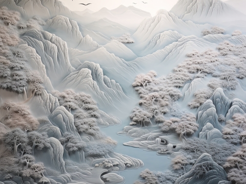  现代壁纸 现代壁画 中式壁画 风景刻画 