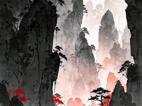  意境 云雾山水画  新中式  泛舟 峡谷 