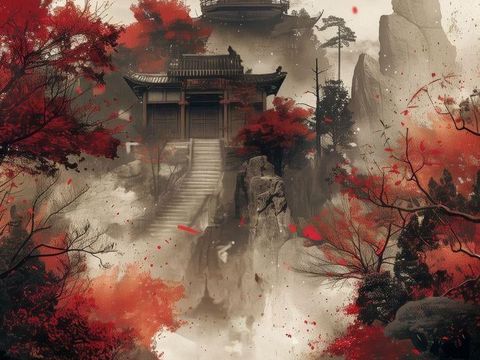  意境 云雾山水画  新中式  泛舟 塔 