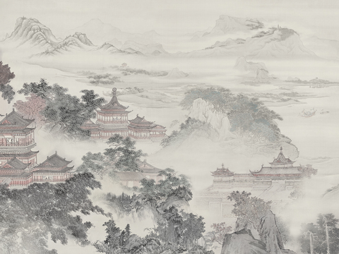  漂亮新中式 现代艺术壁纸 墙布 壁布高清贴图 
