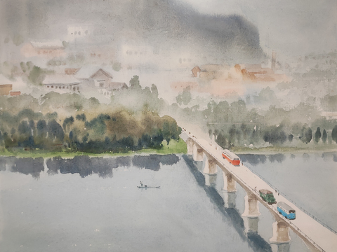  水彩过江桥 