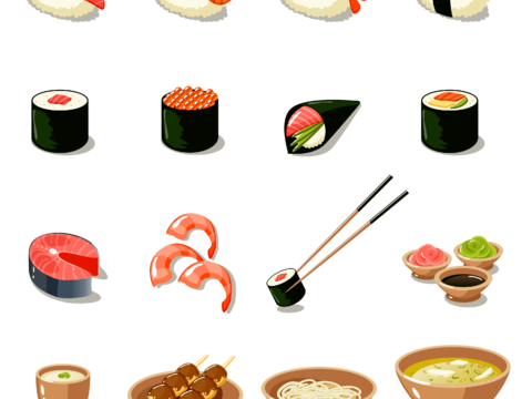  免抠图标 日本美食图标 寿司 生鱼片 拉面图标 卡通图标 
