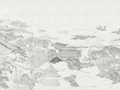  新中式山水水墨壁纸壁画贴图 