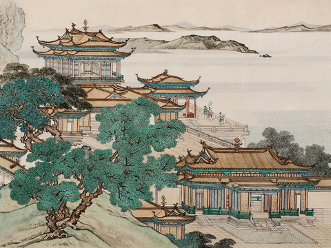  中式山水画背景壁纸墙布壁画贴图 