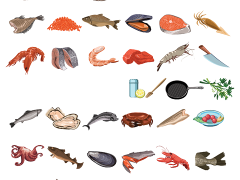  免抠卡通海鲜食材  鱿鱼 鱼块 虾 螃蟹 贝类 