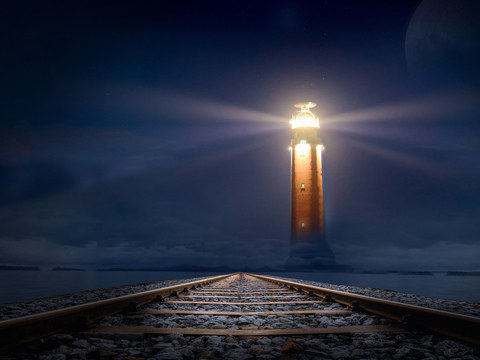  夜晚铁路灯塔风景 