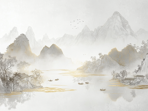  现代新中式壁画_新中式壁画_山水壁画贴图 