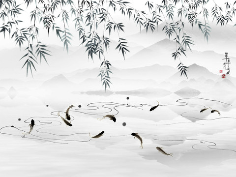  中式新中式高清山水水墨意境壁纸壁画装饰画 